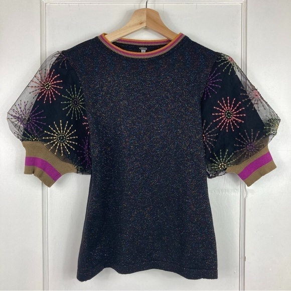 Anthropologie Blank London Elveena Embroidered Puff Sleeve Knit Top - Picture 2 of 9